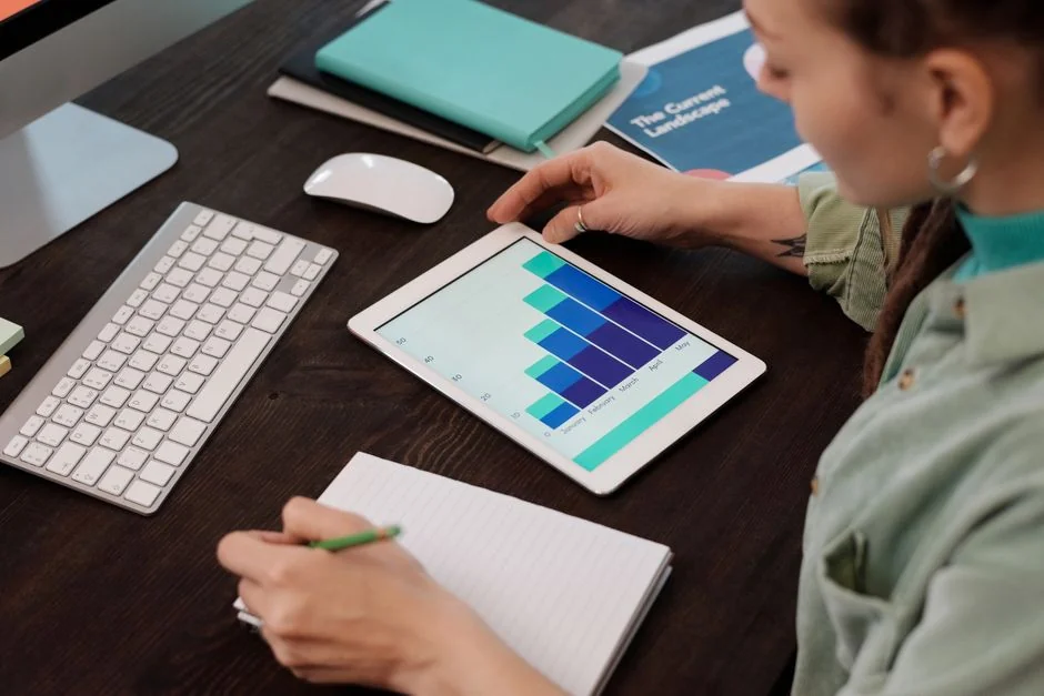 A desktop setup with social media marketing essentials including a keyboard, lightbox, and guide.